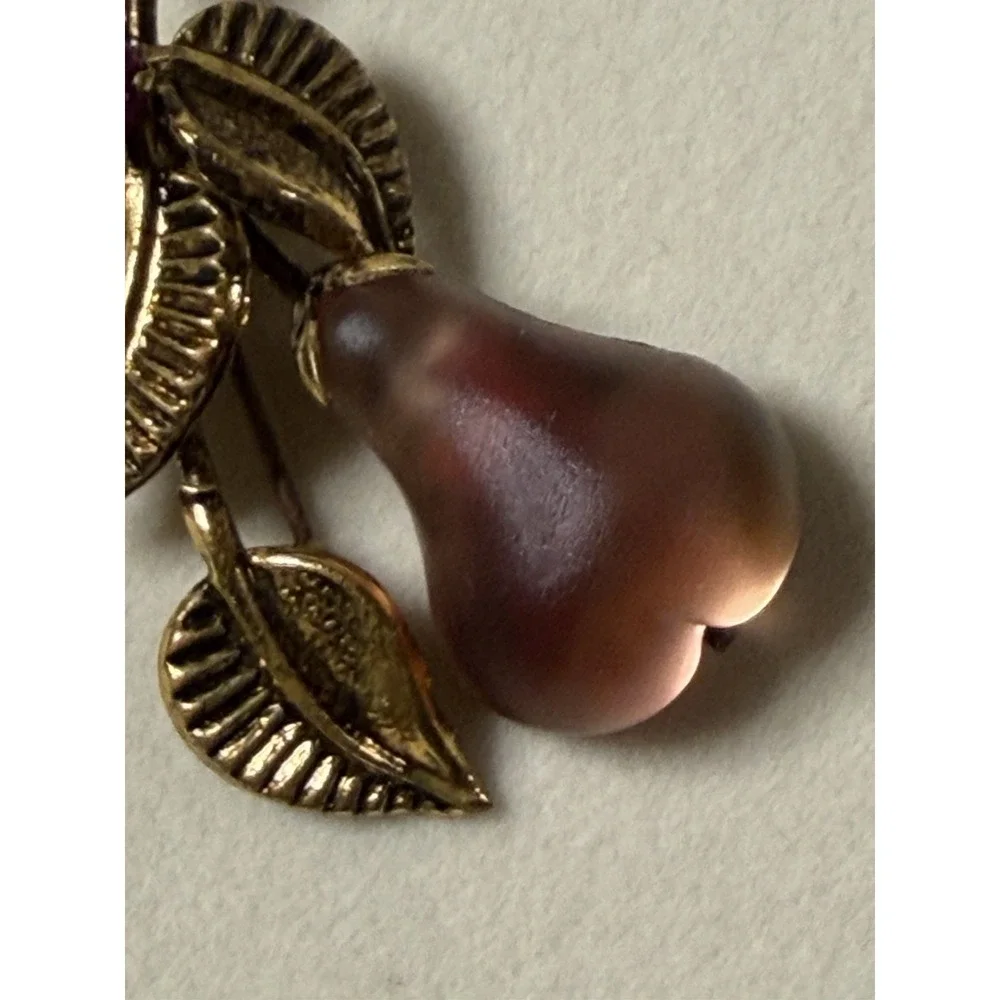 Vintage Lucite Brooch Austria Pink Crystal Figural Pear Fruit Gold Tone  1950s